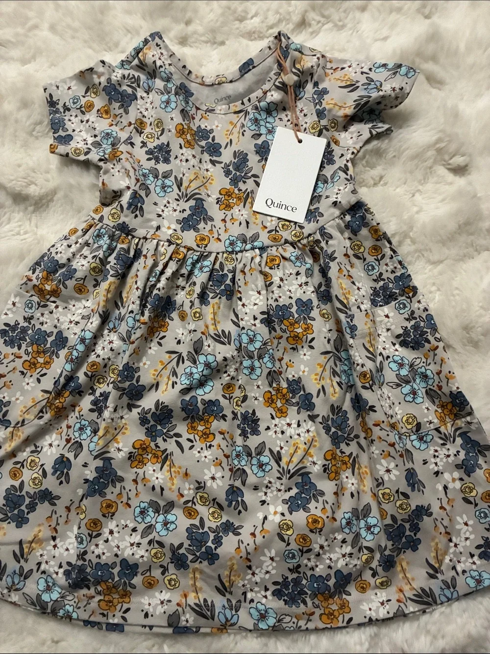 Quince Girls' Gray Floral Dress with Blue & Mustard Accents